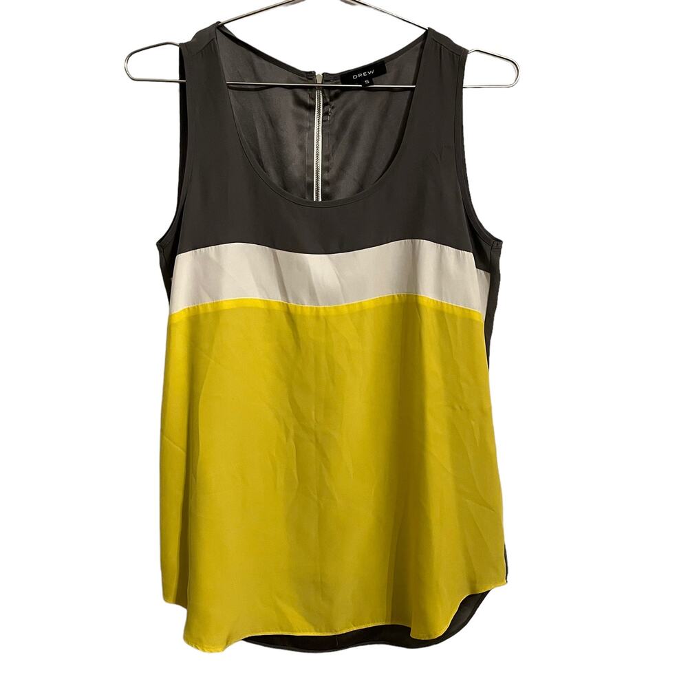 DREW Womens Silk Yellow, White & Gray Color Block Tank S